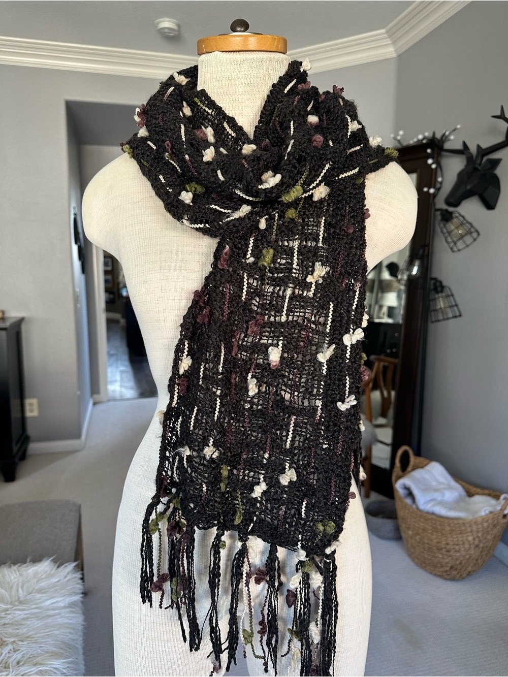Black Textured Fringe Scarf with Multicolor Flower Accents - Picture 5 of 10